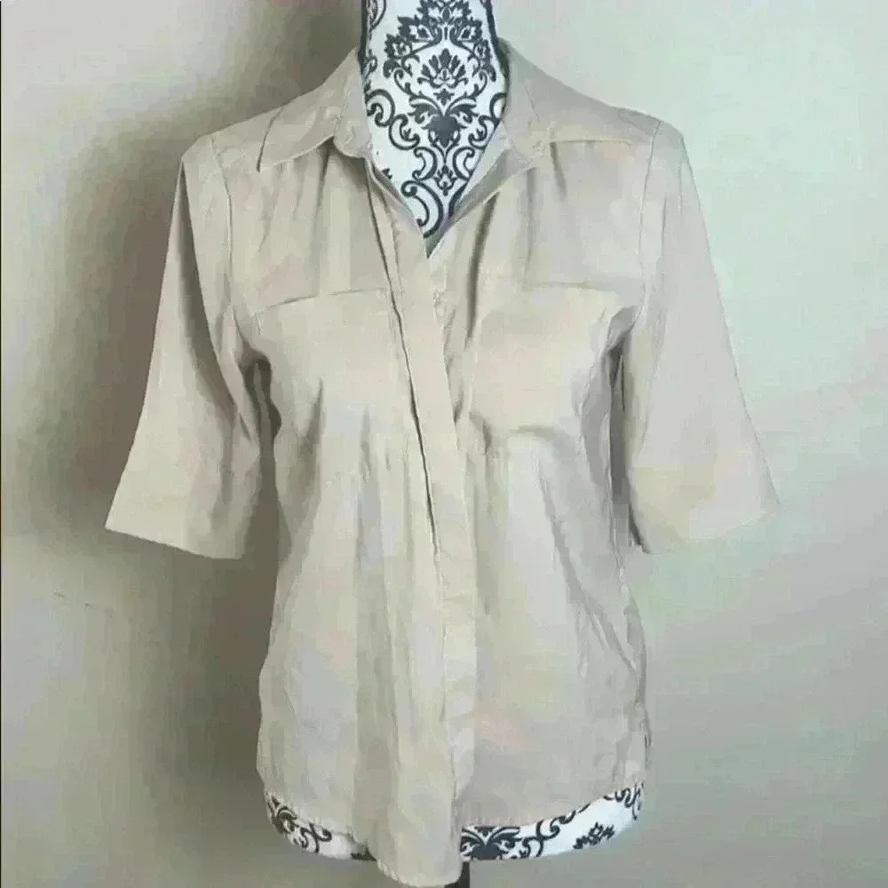 Express Academia Breezy Beige Buttondown Short-sleeve Top